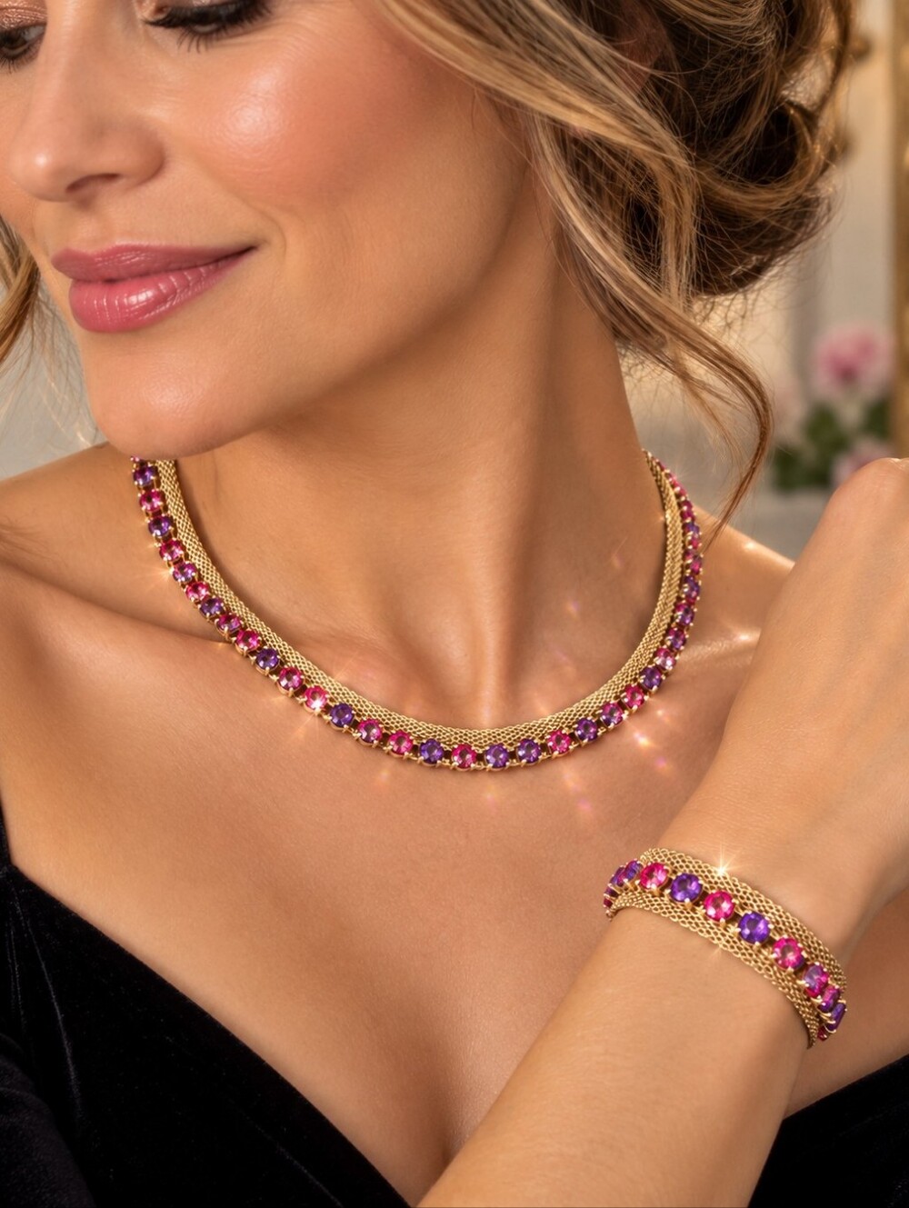 ✨ Vintage WEISS Pink & Purple Rhinestone Gold-Tone Mesh Necklace & Bracelet Set